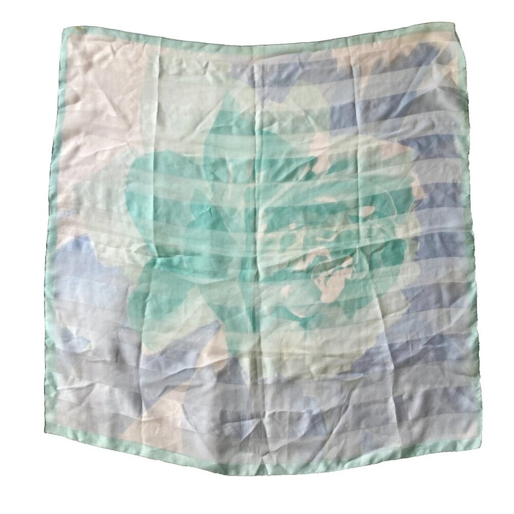 Vintage Floral Flower Scarf Wrap Shawl Chiffon Aqua Green Blue Flowers 30 X 30"